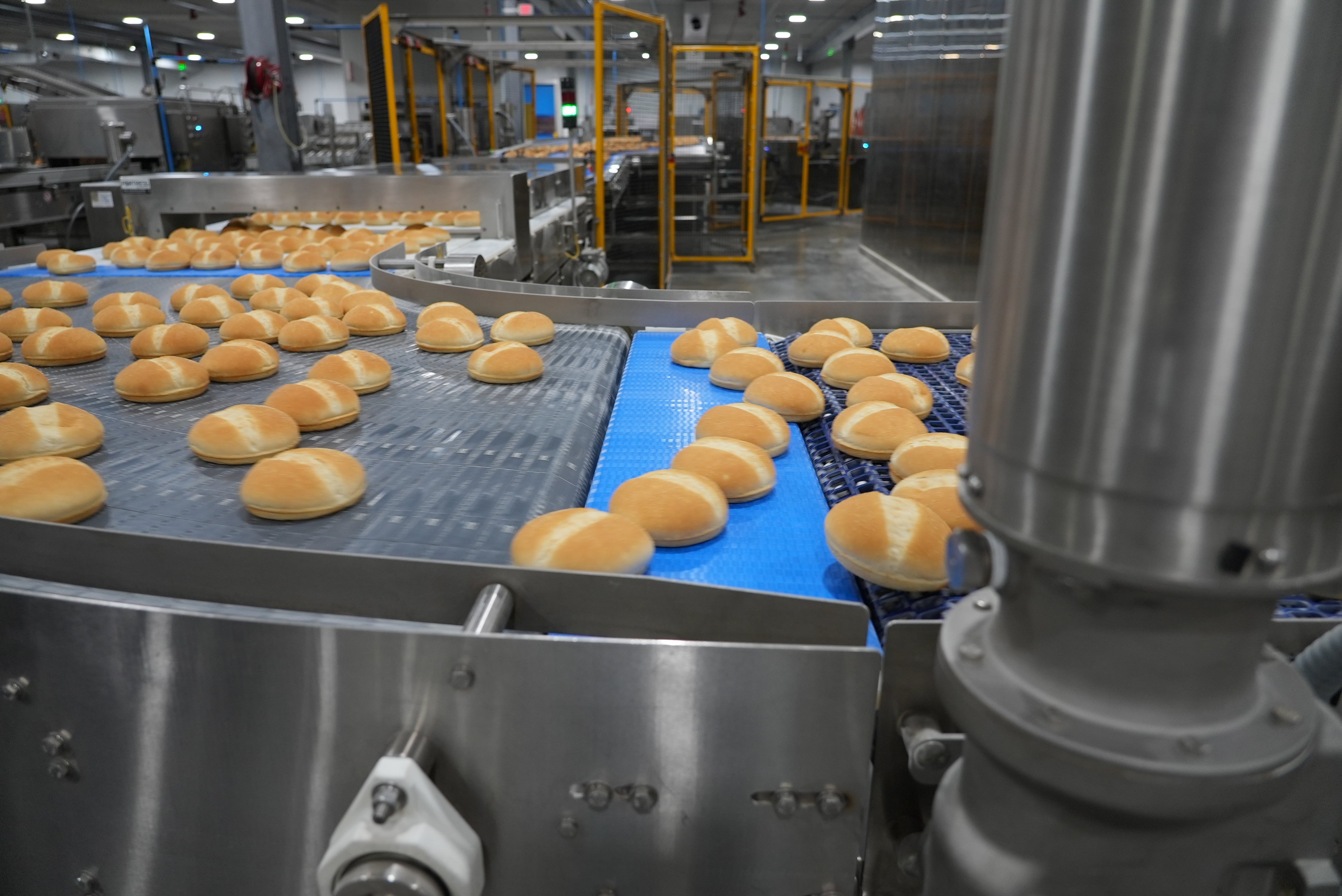 Les pains à sandwich sont transférés en douceur d'un tapis à l'autre grâce au tapis S560 à transfert rapproché d'Intralox