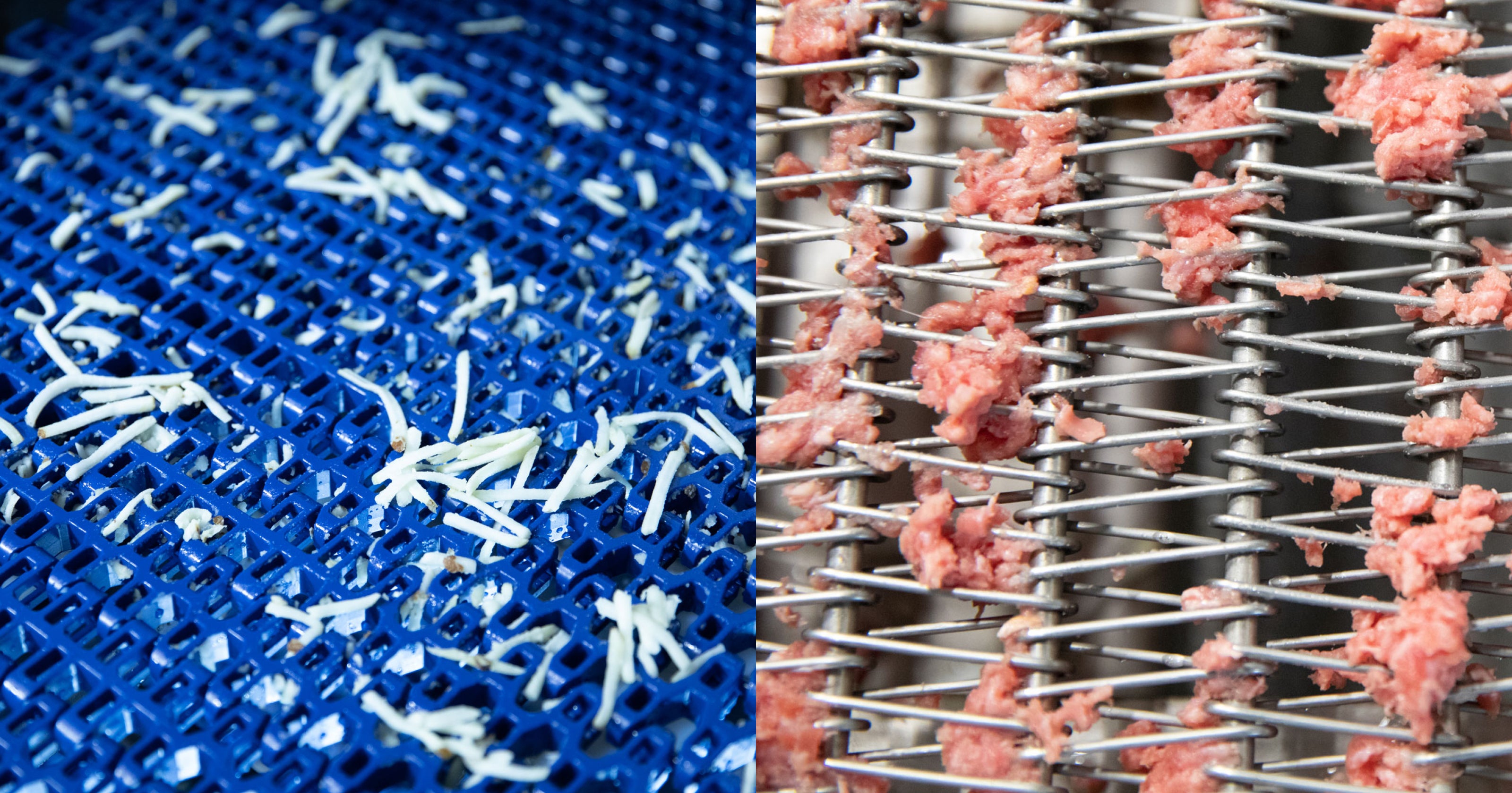 Side-by-side photos of food product embedded into plastic and metal conveyor belts