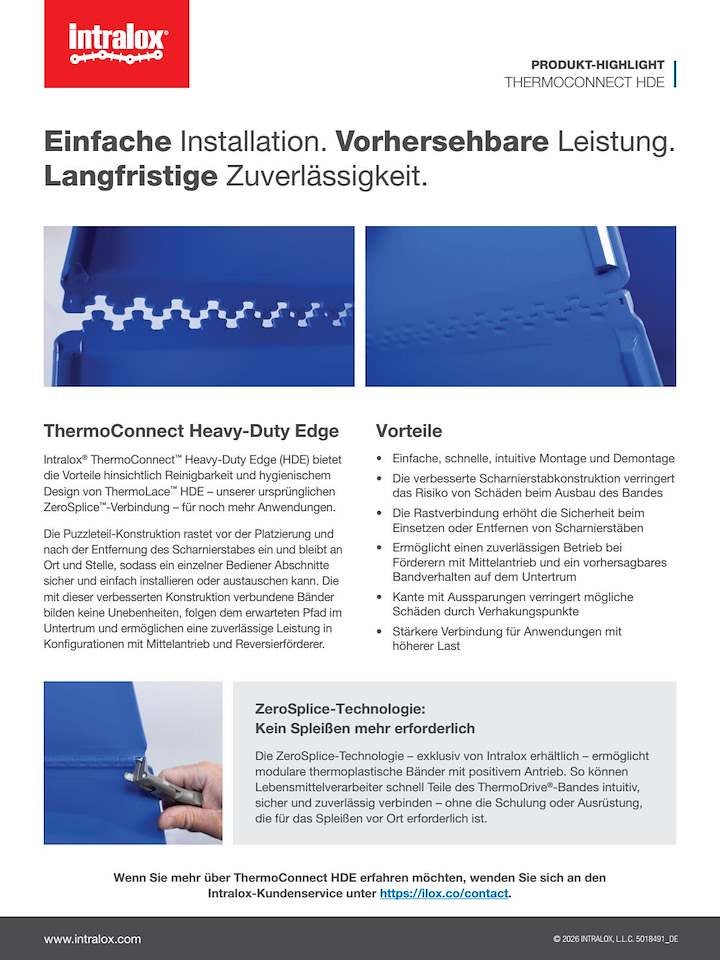 ThermoConnect™ HDE-Förderband mit ZeroSplice™-Verbindungstechnologie für einfache Installation und zuverlässige Leistung.