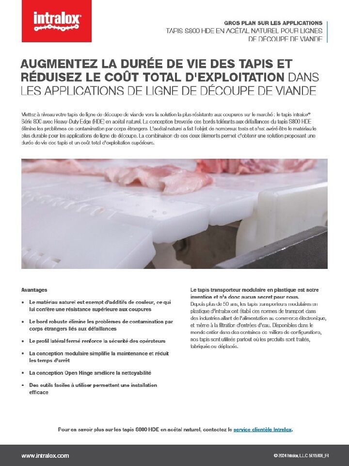 Miniature de la présentation du tapis Série 800 HDE en acétal naturel pour applications de lignes de découpe de viande