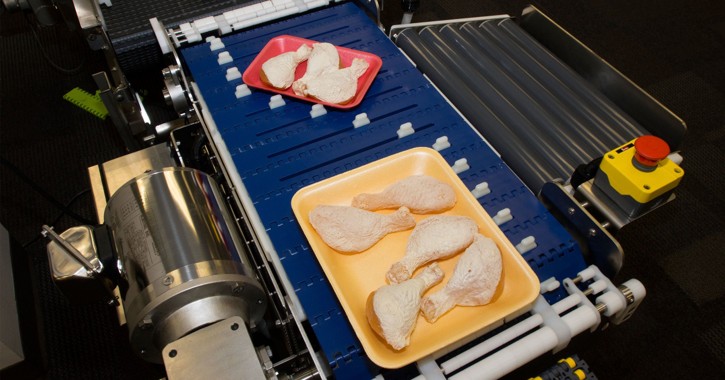 Traypacks mit rohen Hähnchenkeulen auf AIM-Sortiersystem