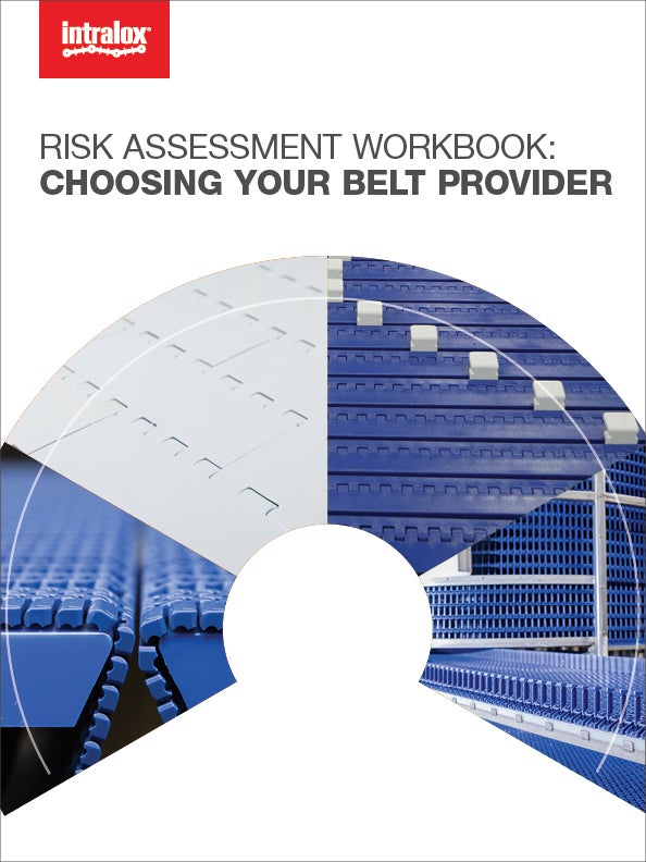 Intralox workbook cover on risk assessment and choosing the best conveyor belt provider, with modular and hygienic belts shown.