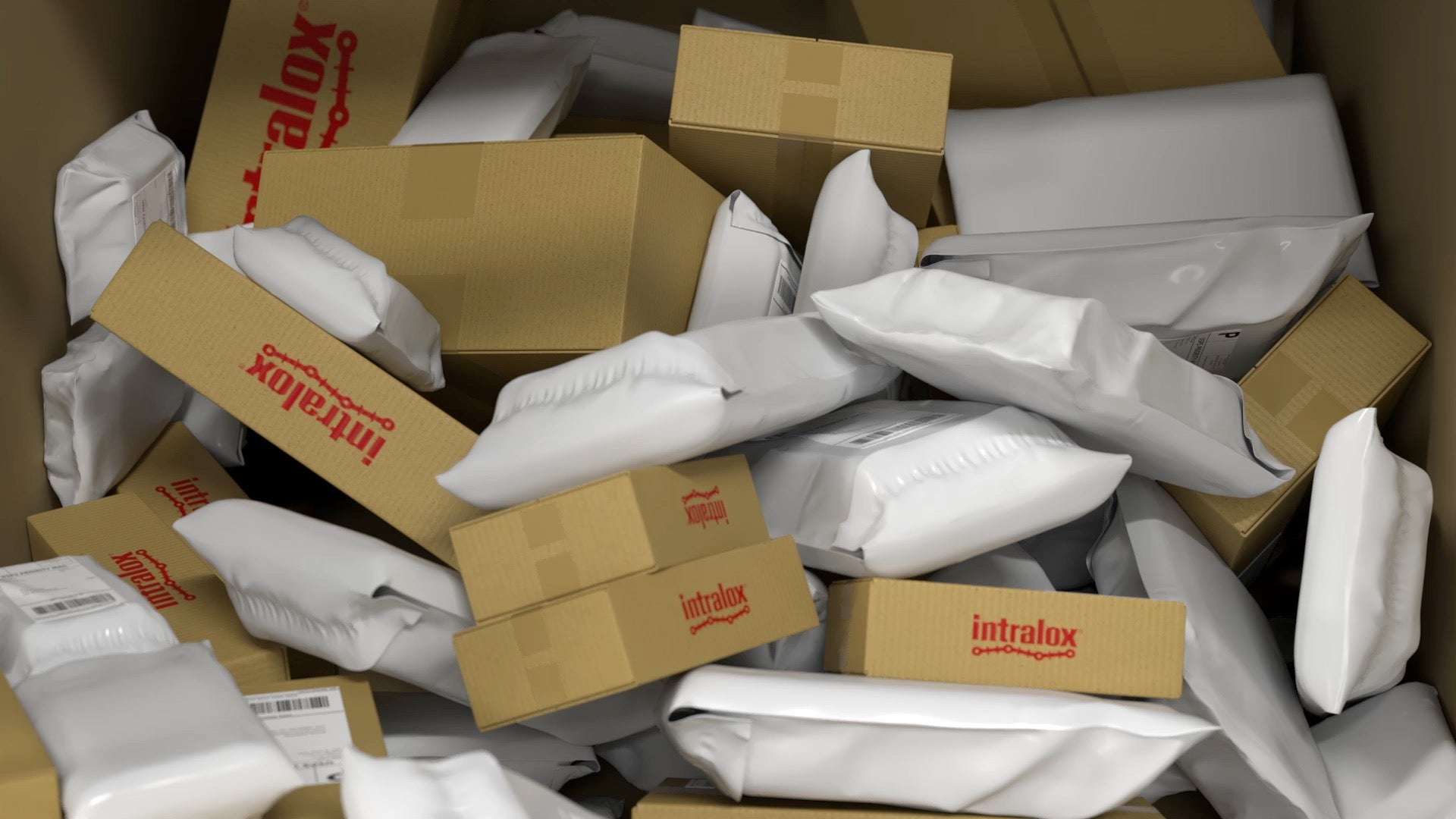 Rendering of stacked bulk flow of boxes and polybags