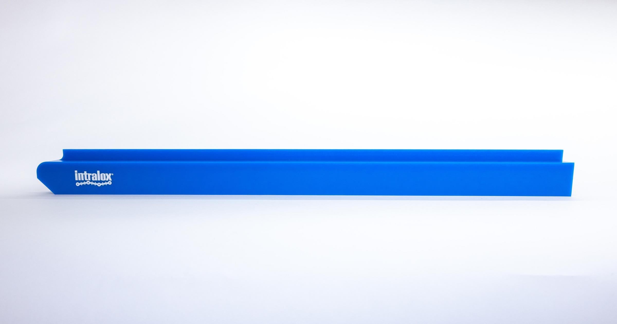 Blue conveyor wearstrips with Intralox logo