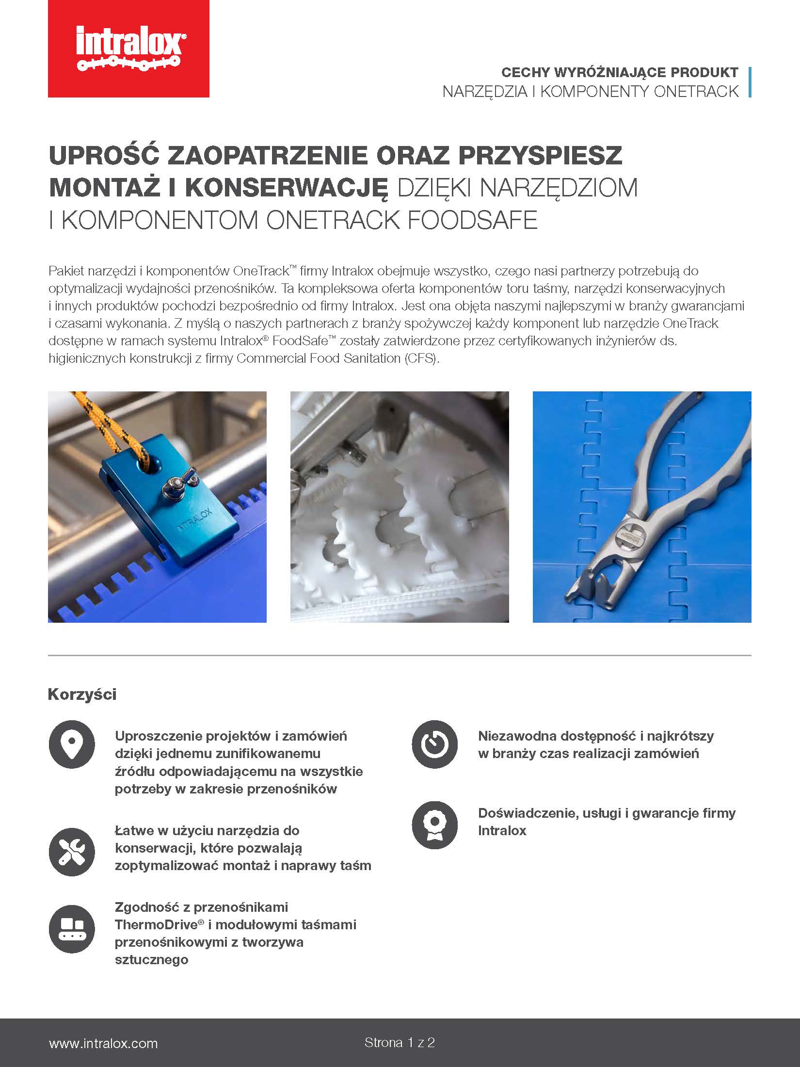 Zdjęcie przedstawiające najważniejsze cechy produktu z zestawu narzędzi i komponentów OneTrack™ firmy Intralox