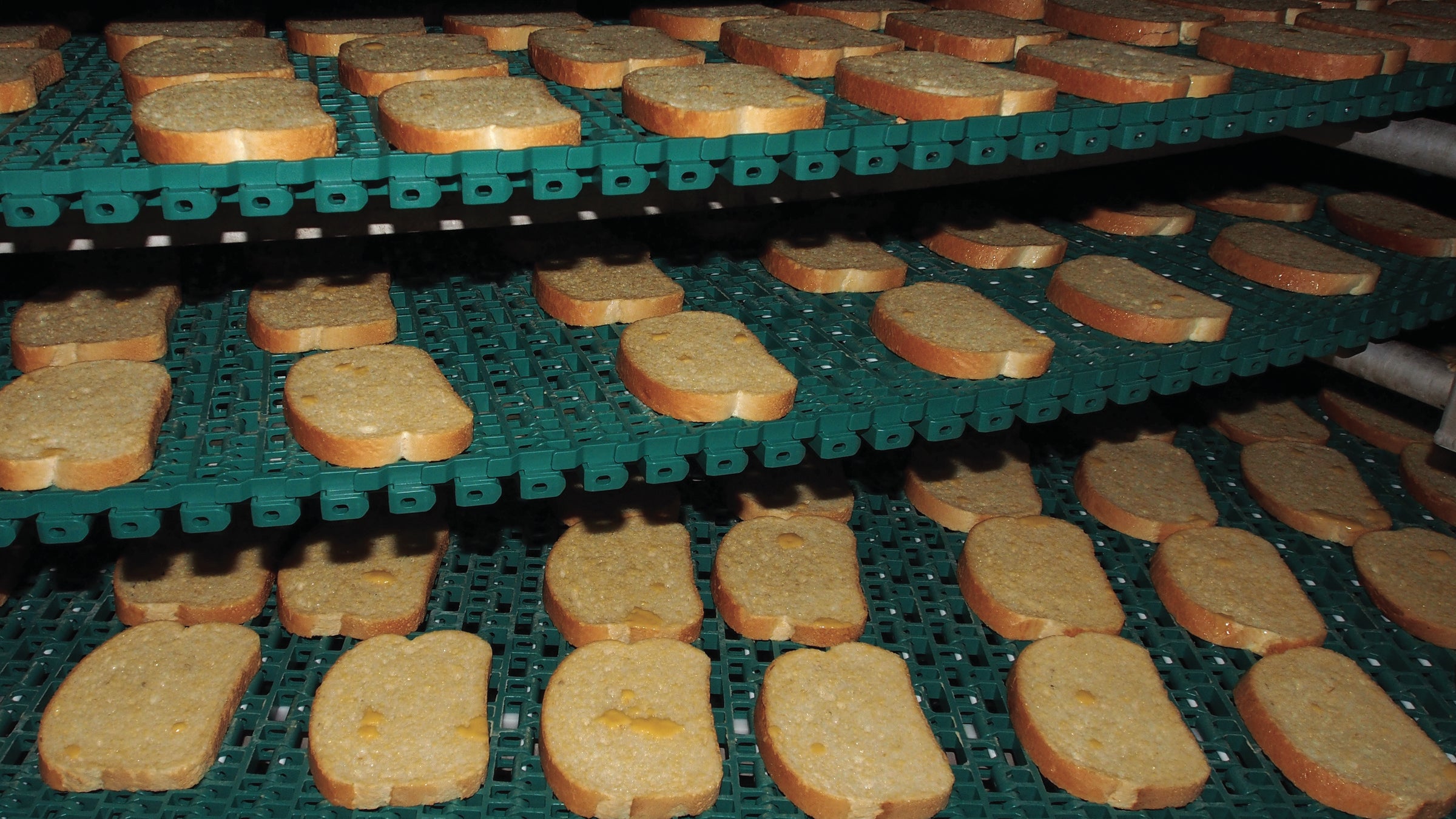 Tranches de pain grillé à la texane sur des tapis roulants verts