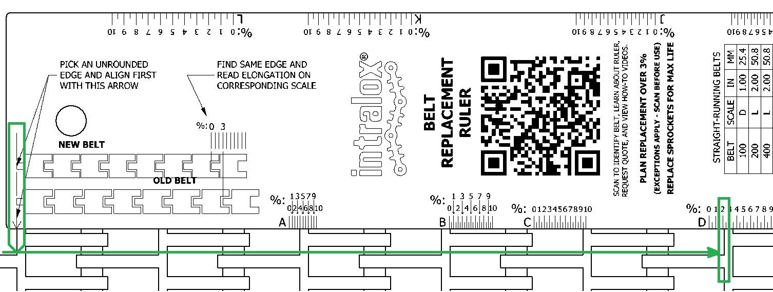 Intralox Belt Replacement Ruler with markup indicating proper belt elongation measurement