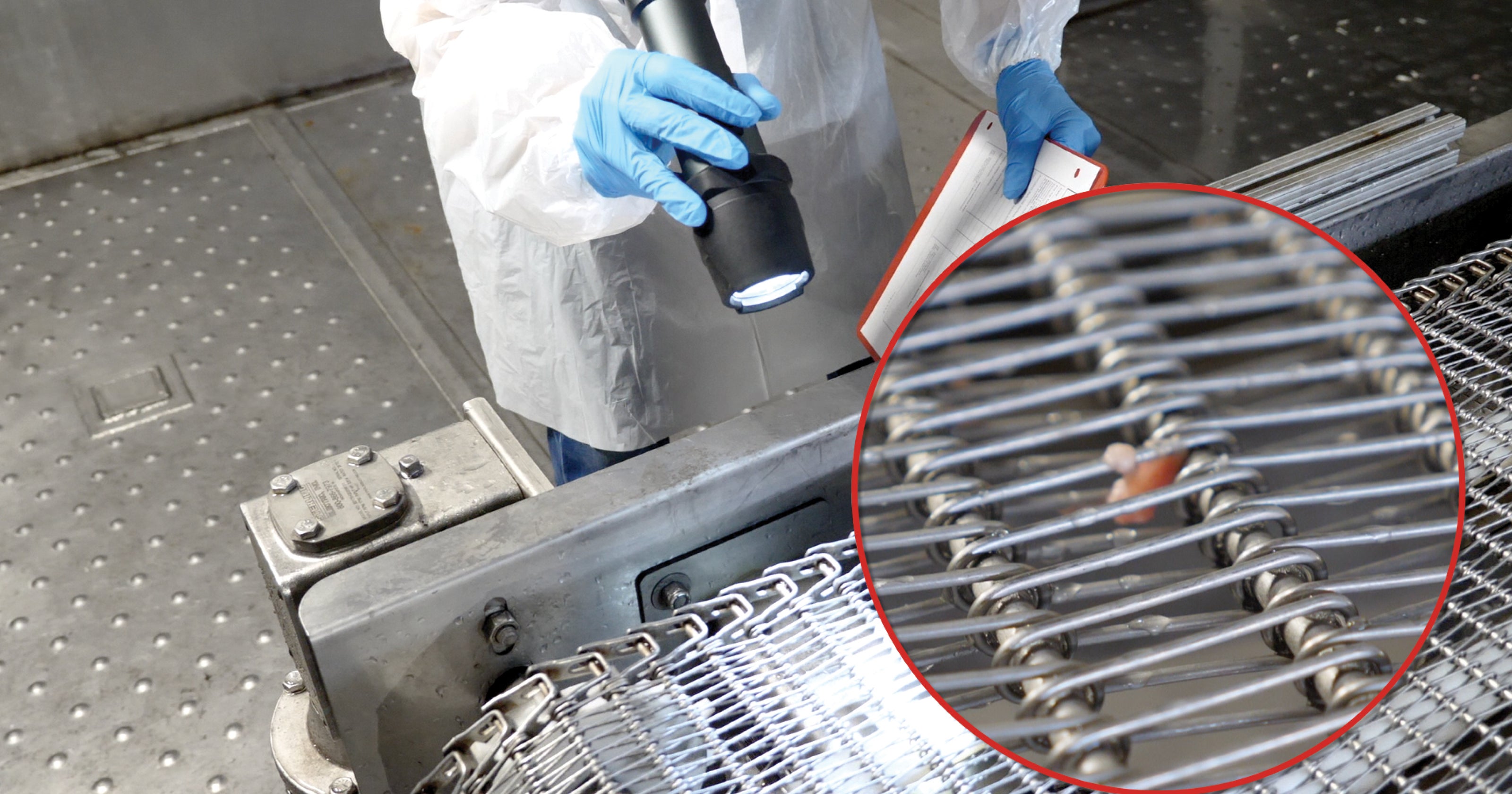 Ground beef embedded in metal belt after cleaning