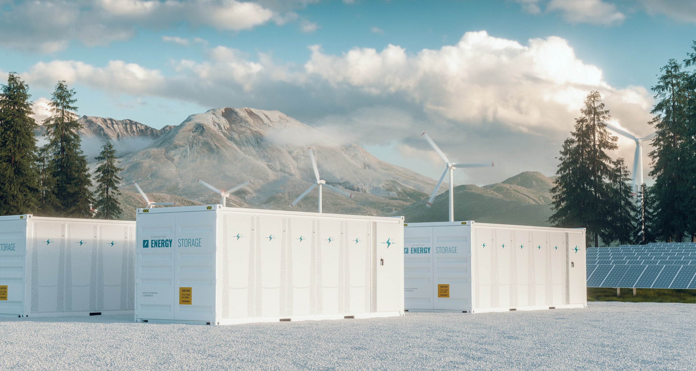 Duże kontenery do magazynowania energii akumulatorowej obok paneli słonecznych i turbin wiatrowych