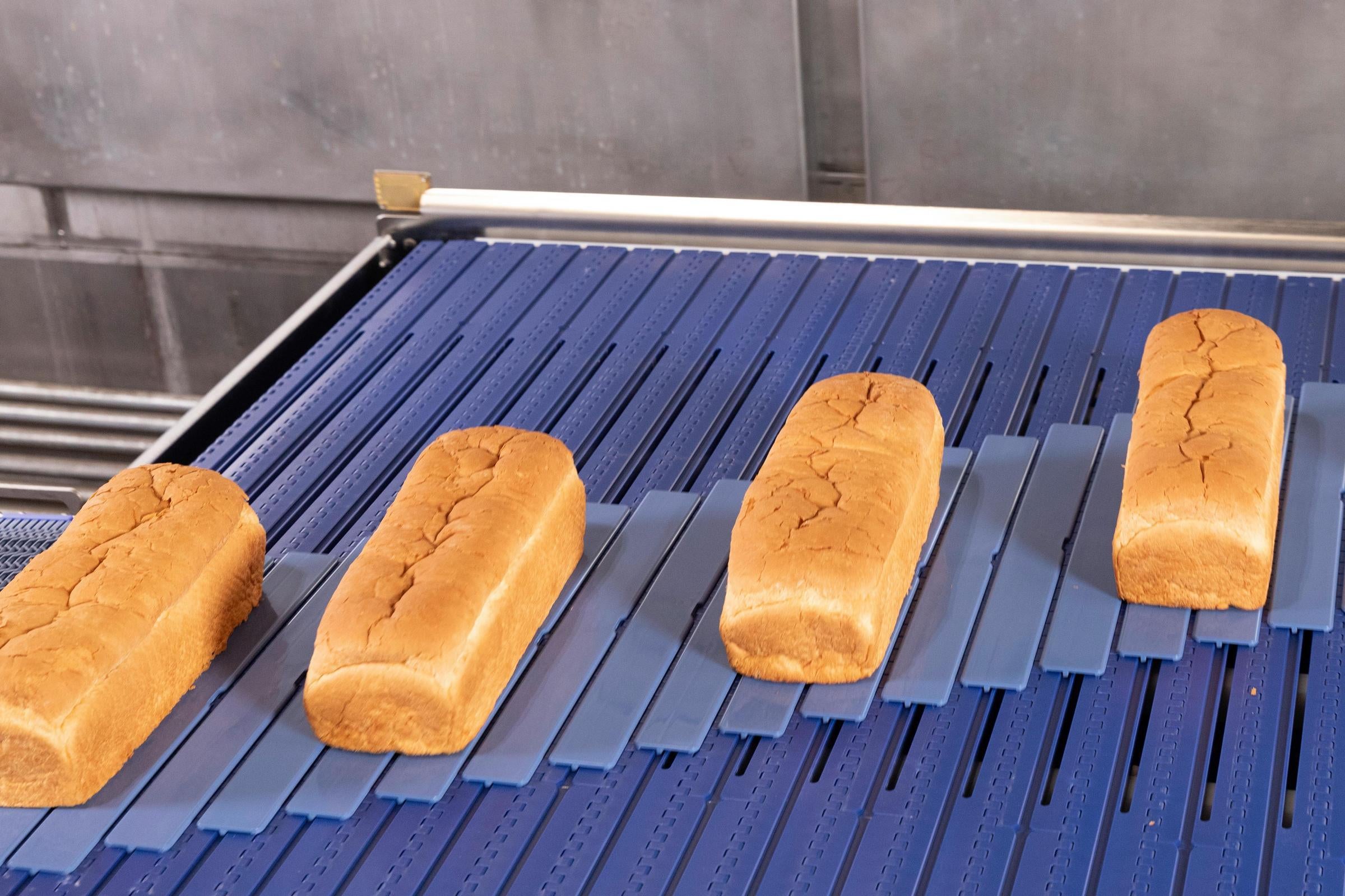 Four cascading loaves of bread on AIM Glide conveyor