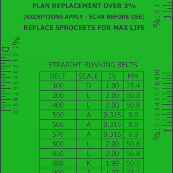 Close-cropped image of part of a green Intralox Belt Replacement Ruler. Heading: "Plan Replacement Over 3% (Exceptions Apply - Scan Before Use) Replace Sprockets for Max Life". Includes table for Straight-Running Belts, and additional numbers.
