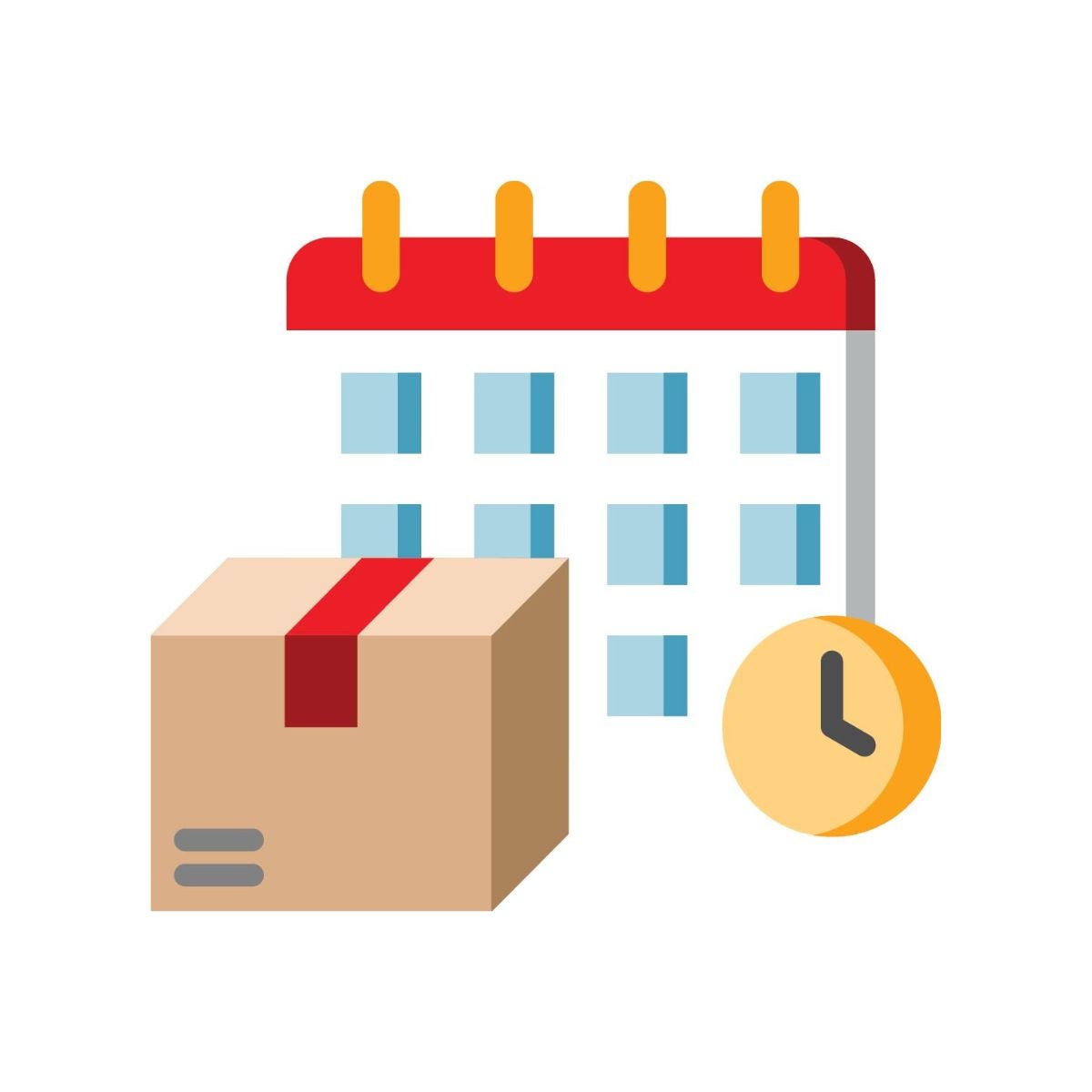 Ikona zawierająca kalendarz, zegar i pudełko wysyłkowe