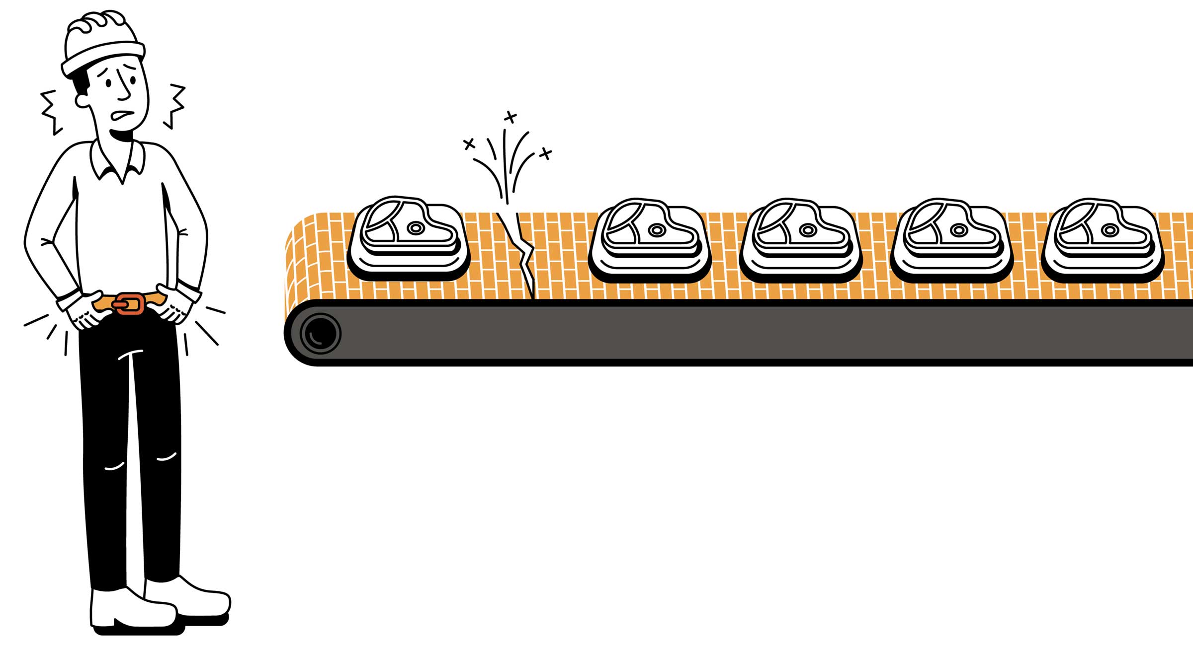 Illustration of a worried worker holding belt, looking at a damaged conveyor belt carrying pieces of meat with a crack in the belt surface
