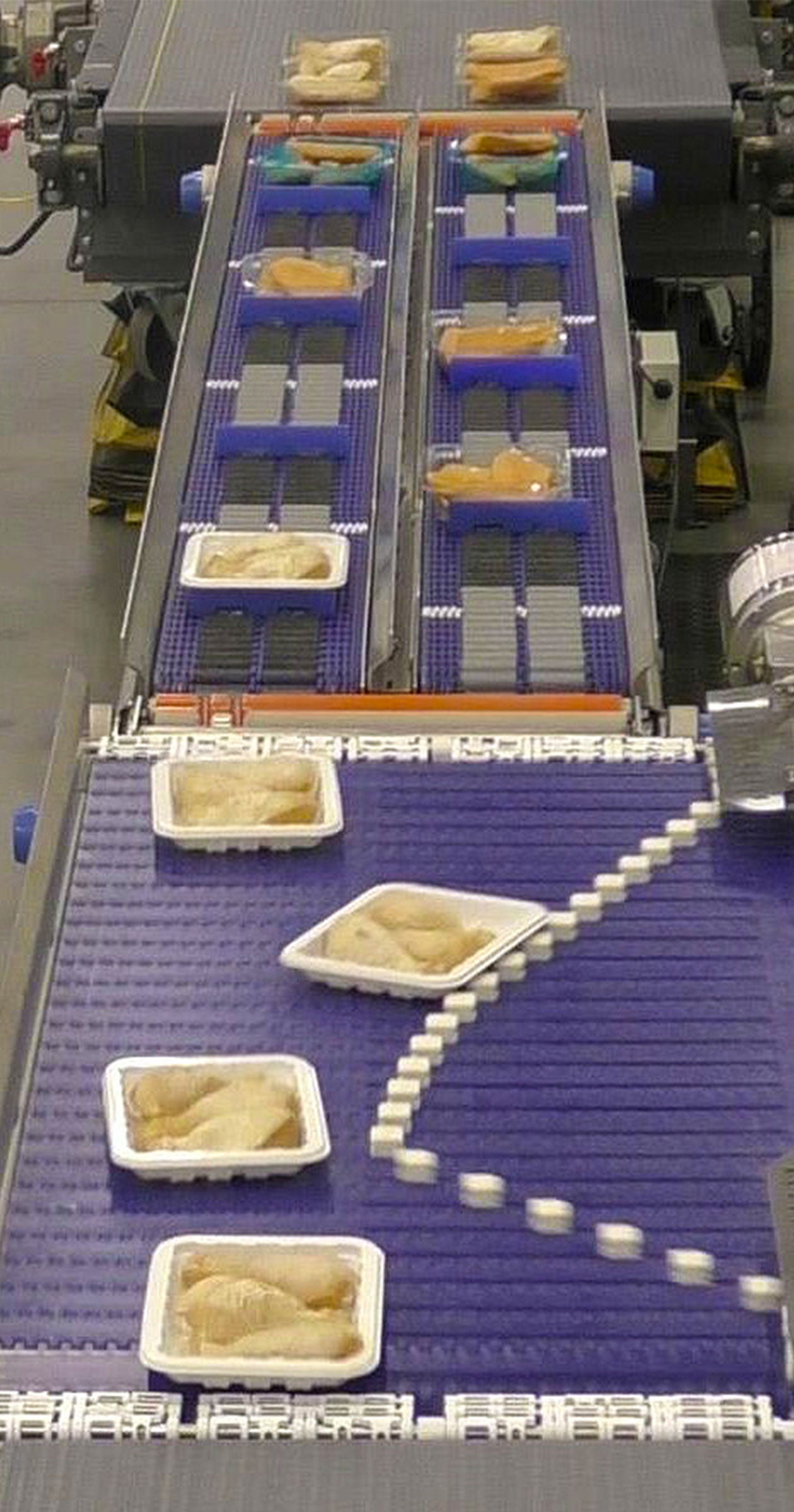 AIM連続合流上の鶏肉トレイパック