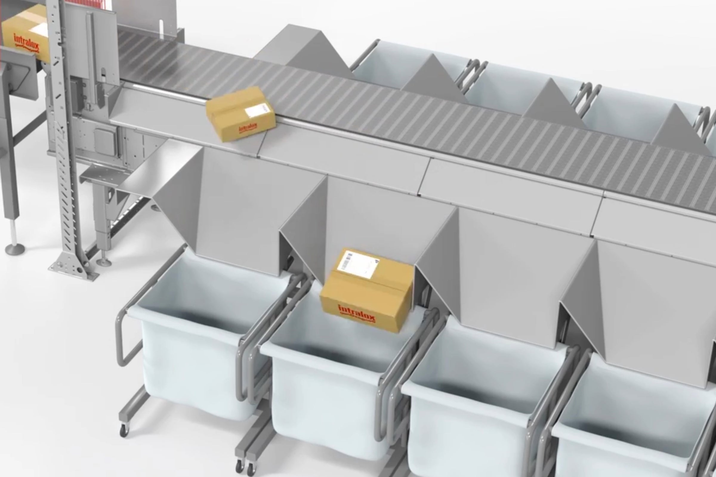 Rendering of boxes being sorted into mail sacks on ARB conveyor