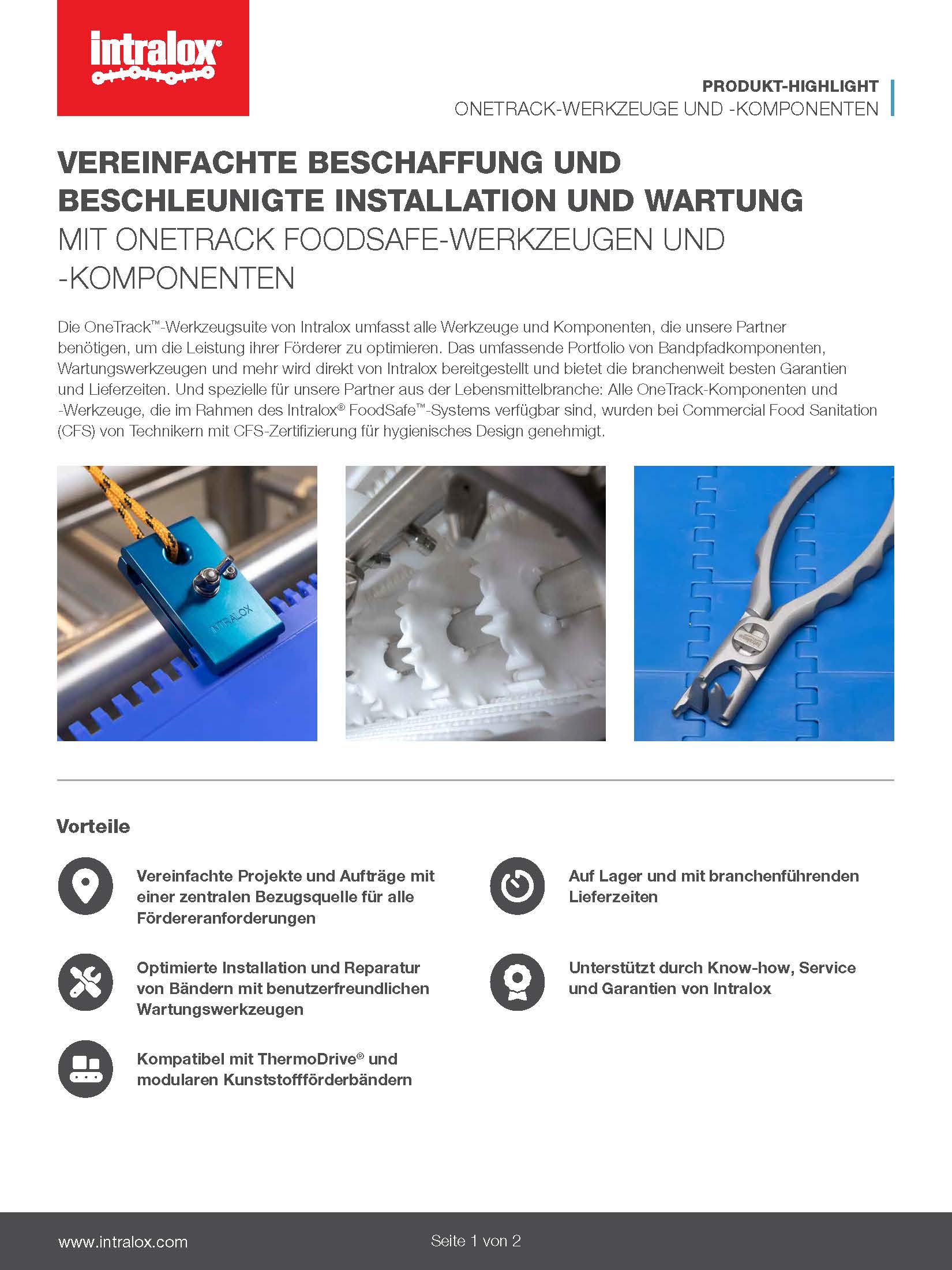 Abbildung eines Produkthighlights für die OneTrack-™ Produktreihe von Intralox mit Werkzeugen und Komponenten