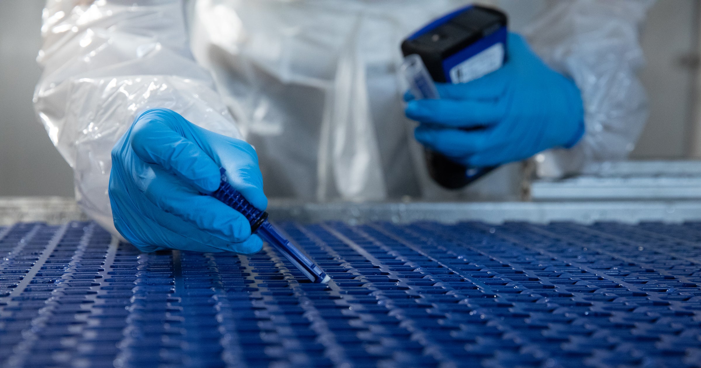 Gloved hands of sanitation worker swab-testing DirectDrive Structure Supported belt surface