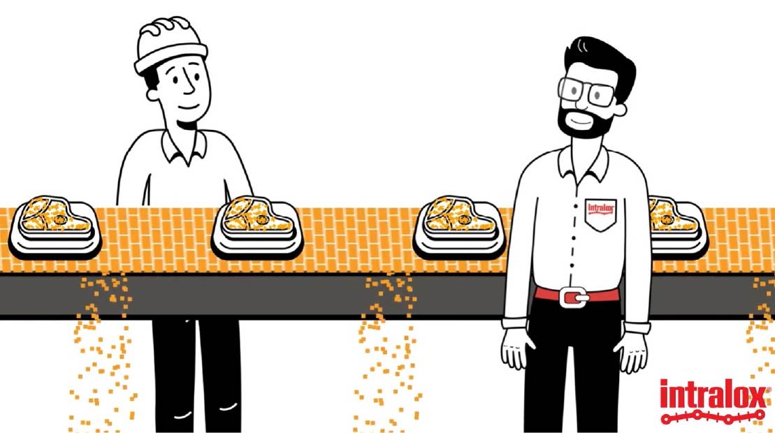 Cartoon-style illustration of two workers standing by a conveyor belt carrying food trays, with foreign material falling through the belt,