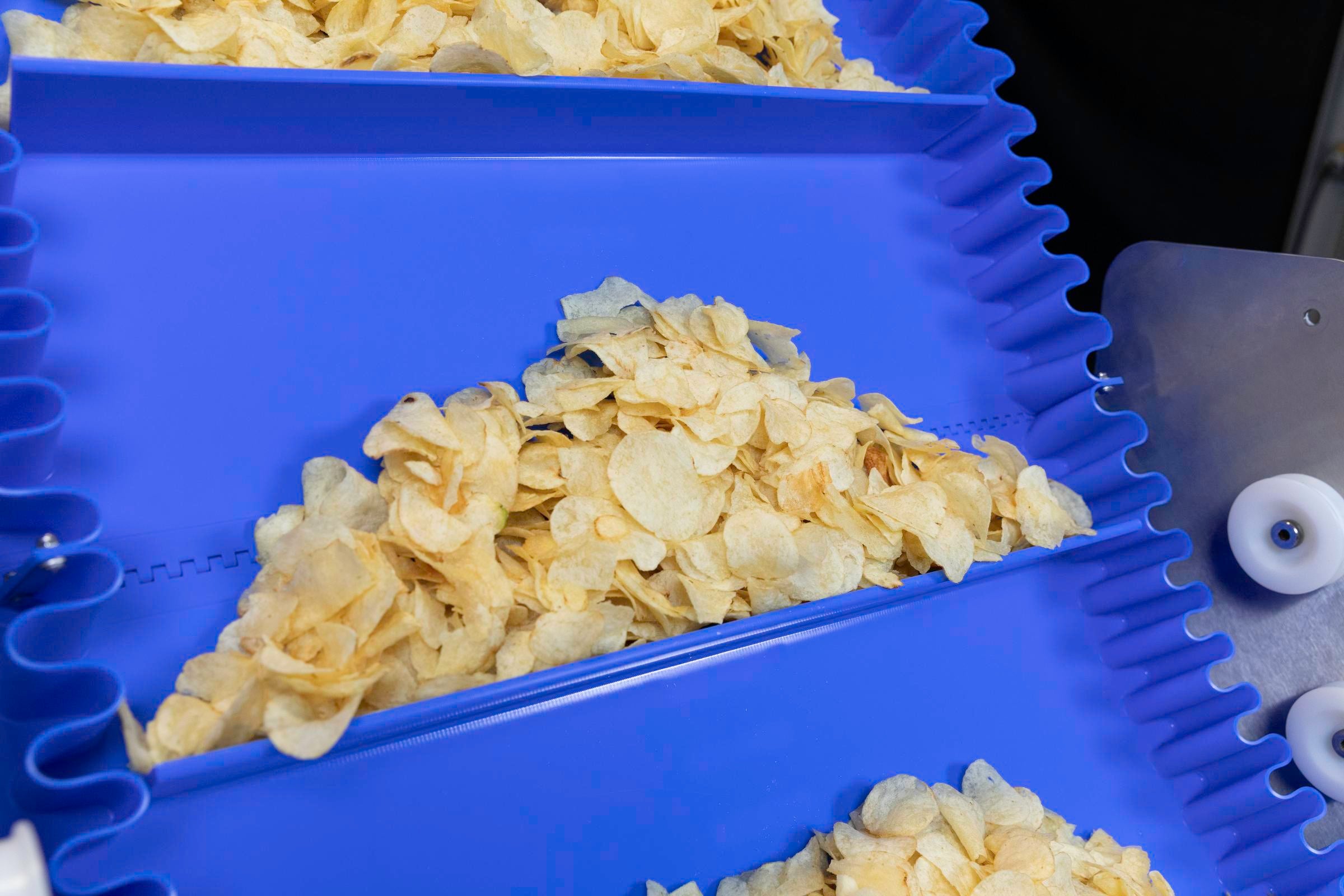 ThermoDrive incline belt with flights and Synchronized Sidewalls, conveying potato chips