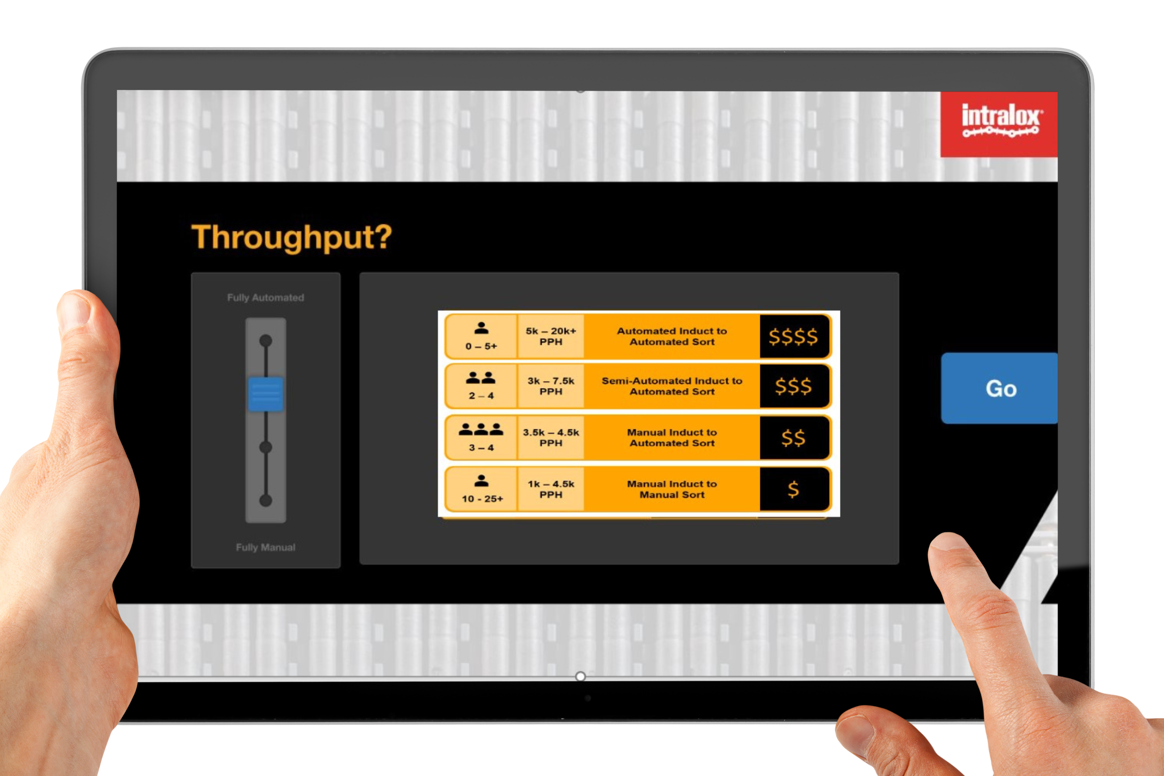 Hands holding a tablet-style computer, screen displays "Bulk to Sorted" options