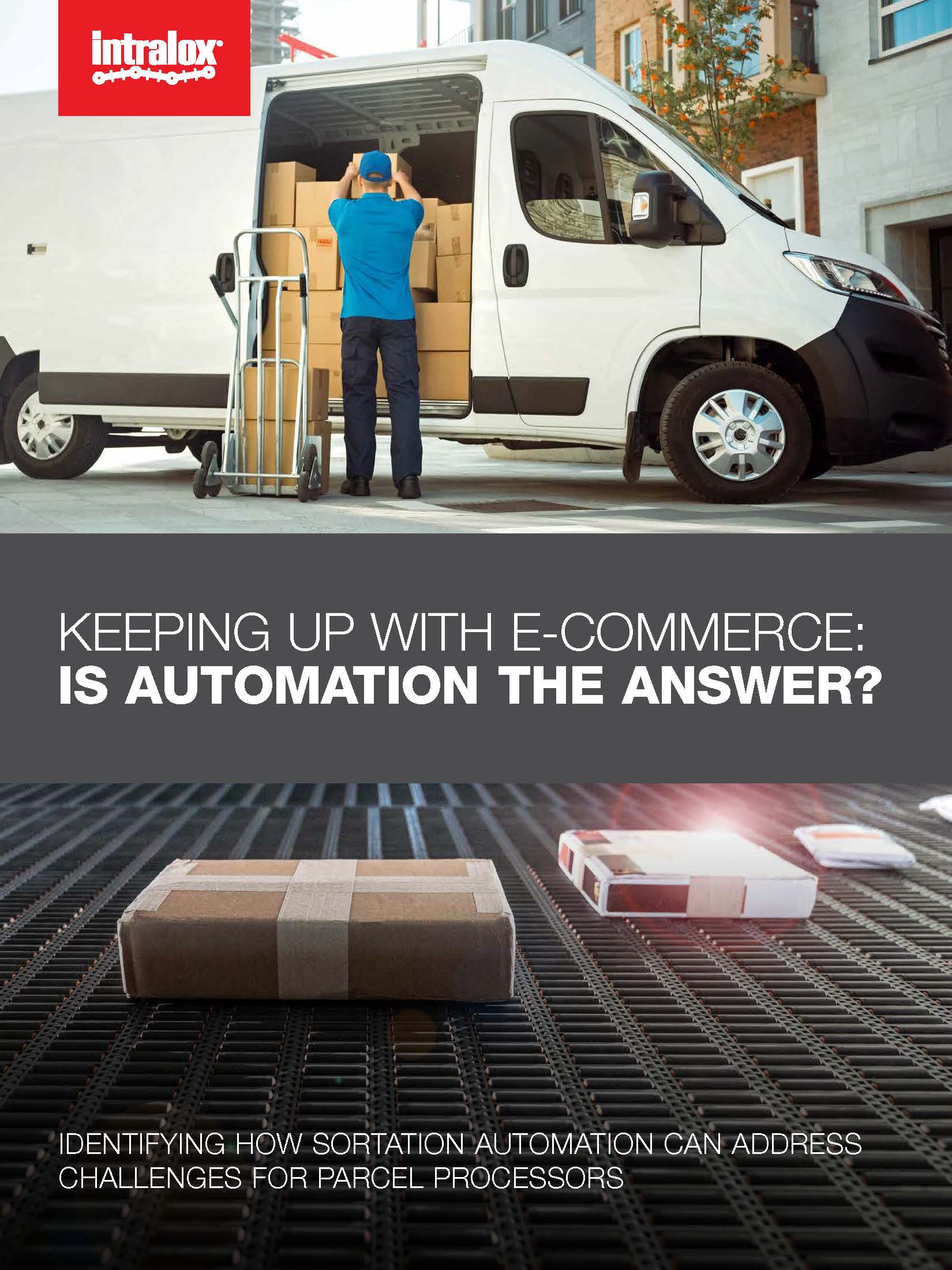 White paper graphic cover: "Keeping up with e-commerce: Is automation the answer? Identifying how sortation automation can address challenges for parcel processors"