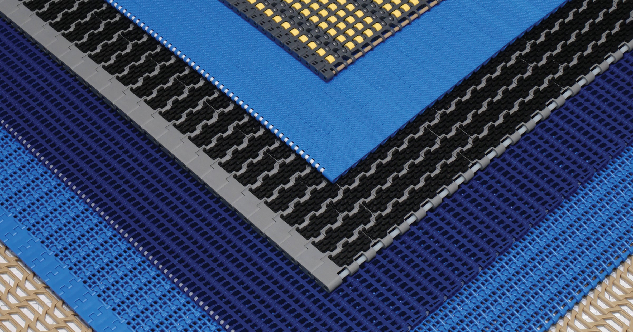 Intralox modular plastic belts stacked at corner