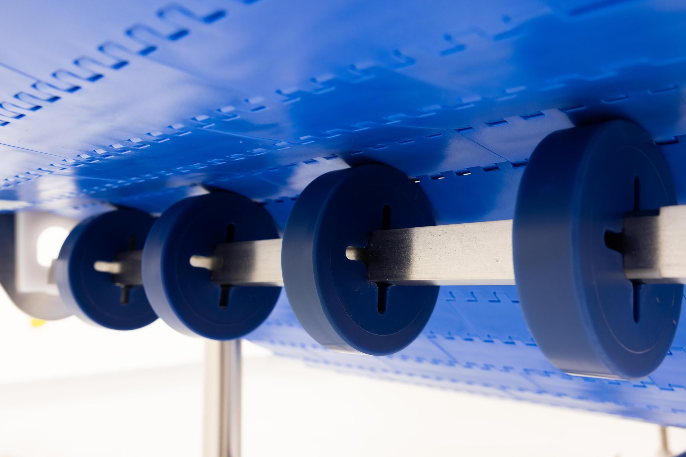 CleanLock rollers on conveyor shaft supporting blue conveyor belt