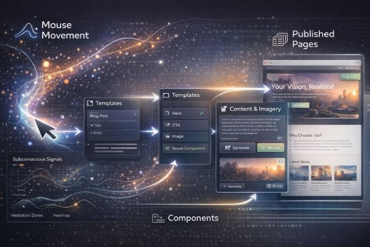 A slick fake product feature graphic showing a flow from “mouse movement” to “templates,” “components,” “content,” “images,” and “published pages.” The left side should show a cursor path heatmap and subconscious signal analysis. The middle should show elegant cards for data templates, components, and content generation. The right side should show assembled web pages in a Sitecore-like interface. Make it look like a legitimate enterprise product workflow diagram, but with just enough visual humor that it rewards a second look.