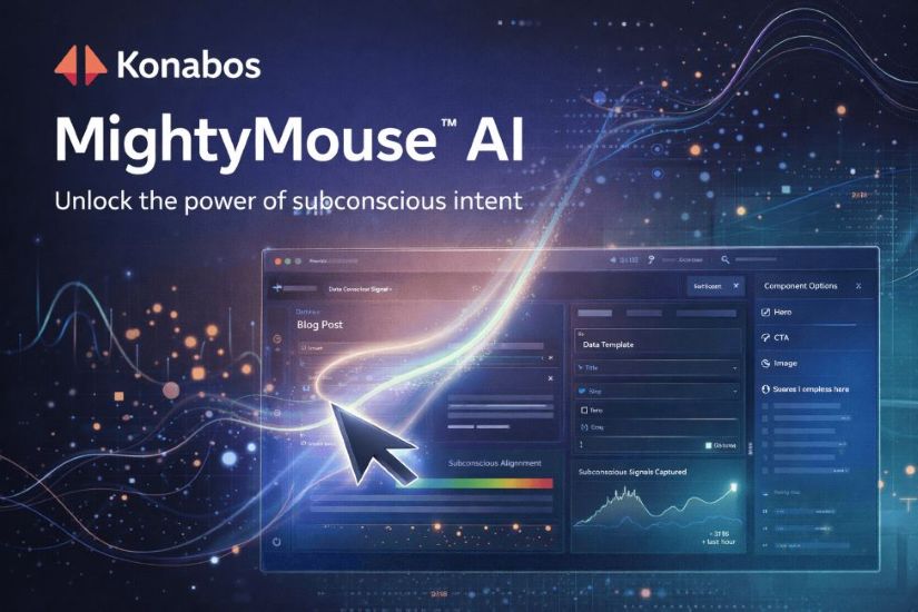 A fake product announcement hero visual for “Konabos MightyMouse™ AI.” The centerpiece should be a premium-looking software dashboard or Marketplace app screen with elegant UI panels, subtle AI glow effects, and a mouse cursor leaving a soft motion trail across the screen. Include abstract visualizations of intent data: curves, tiny dots, path lines, heatmaps, subconscious signal graphs. The mood should be serious and high-end, like a real SaaS launch, but the concept should be slightly ridiculous. Include visual cues that suggest “mouse movement = intelligence.” It should look believable enough that someone might think it is real for a few seconds.