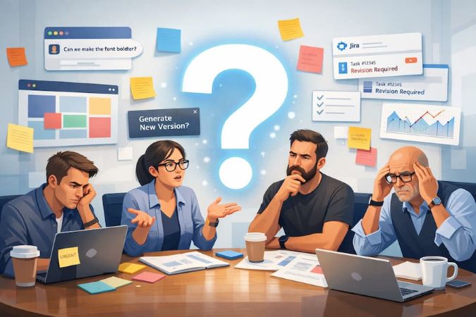 A polished, humorous enterprise-tech hero image showing a stressed digital team around a conference table with floating UI elements around them: sticky notes, prompt windows, Figma frames, Slack messages, Jira tickets, and a giant glowing question mark in the middle. The expressions should be serious but slightly absurd, as if everyone is discussing the font weight of a button as though it were a matter of national importance. Style should feel like a premium SaaS/tech illustration mixed with subtle comedy. Clean modern composition, light background, Sitecore/enterprise digital transformation vibe, no overt branding yet.