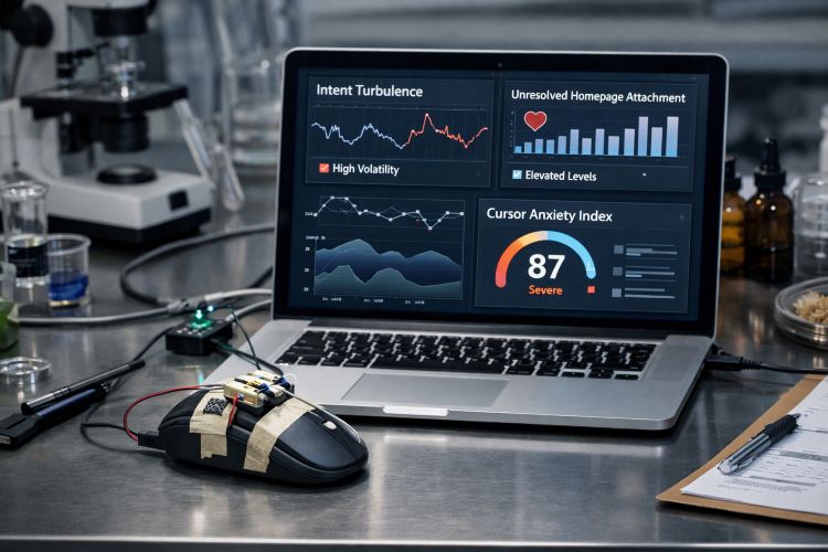 A humorous but polished “lab testing” scene showing a mouse on a desk with a tiny DIY vibration motor strapped to it with tape or a crude homemade rig, connected to a laptop running a premium-looking analytics dashboard labeled with things like “Intent Turbulence,” “Unresolved Homepage Attachment,” and “Cursor Anxiety Index.” The scene should look like a real R&D experiment, photographed or illustrated in a sleek tech-lab style, with the joke revealed through the labels and setup details rather than broad cartoon comedy.