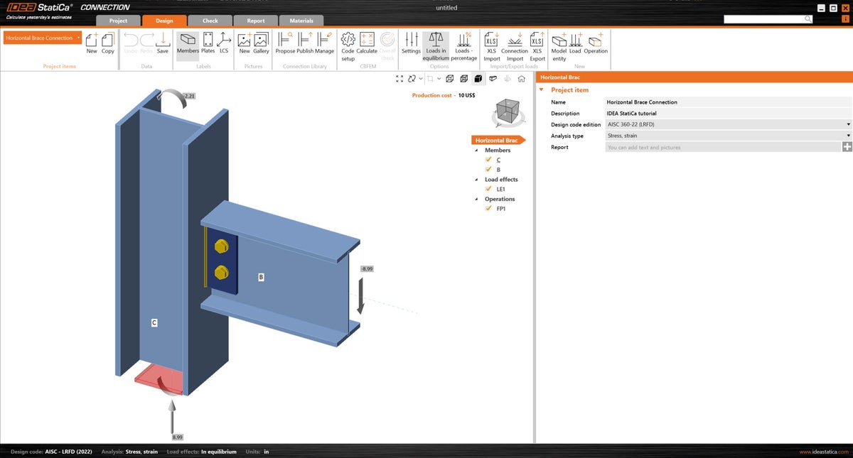 Horizontal beam-column-brace gusset (AISC) | IDEA StatiCa