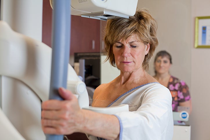 Middle-aged woman getting breast mammogram