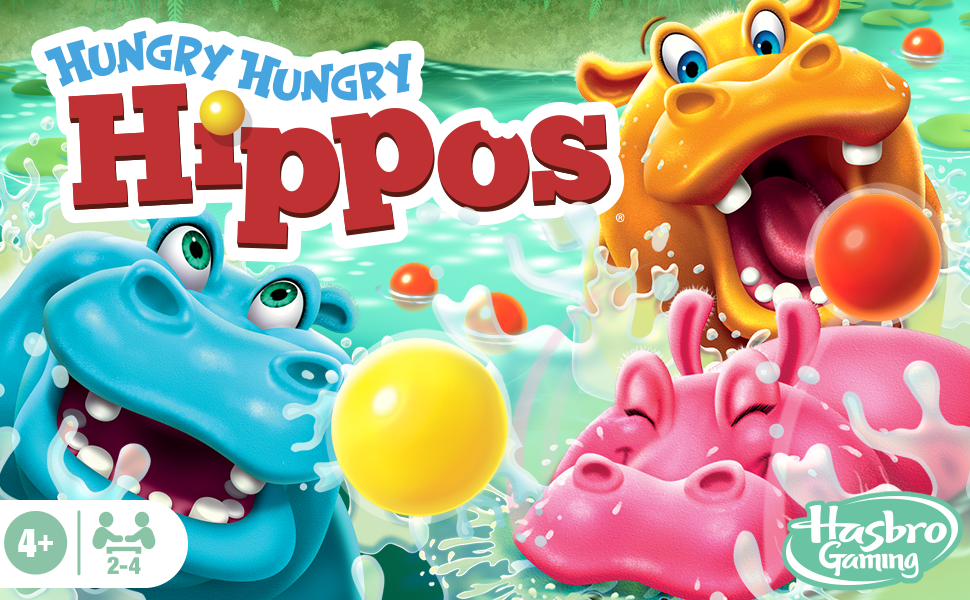 Hungry Hungry Hippos Board Game for Preschoolers, Ages 4+, For 2 to 4