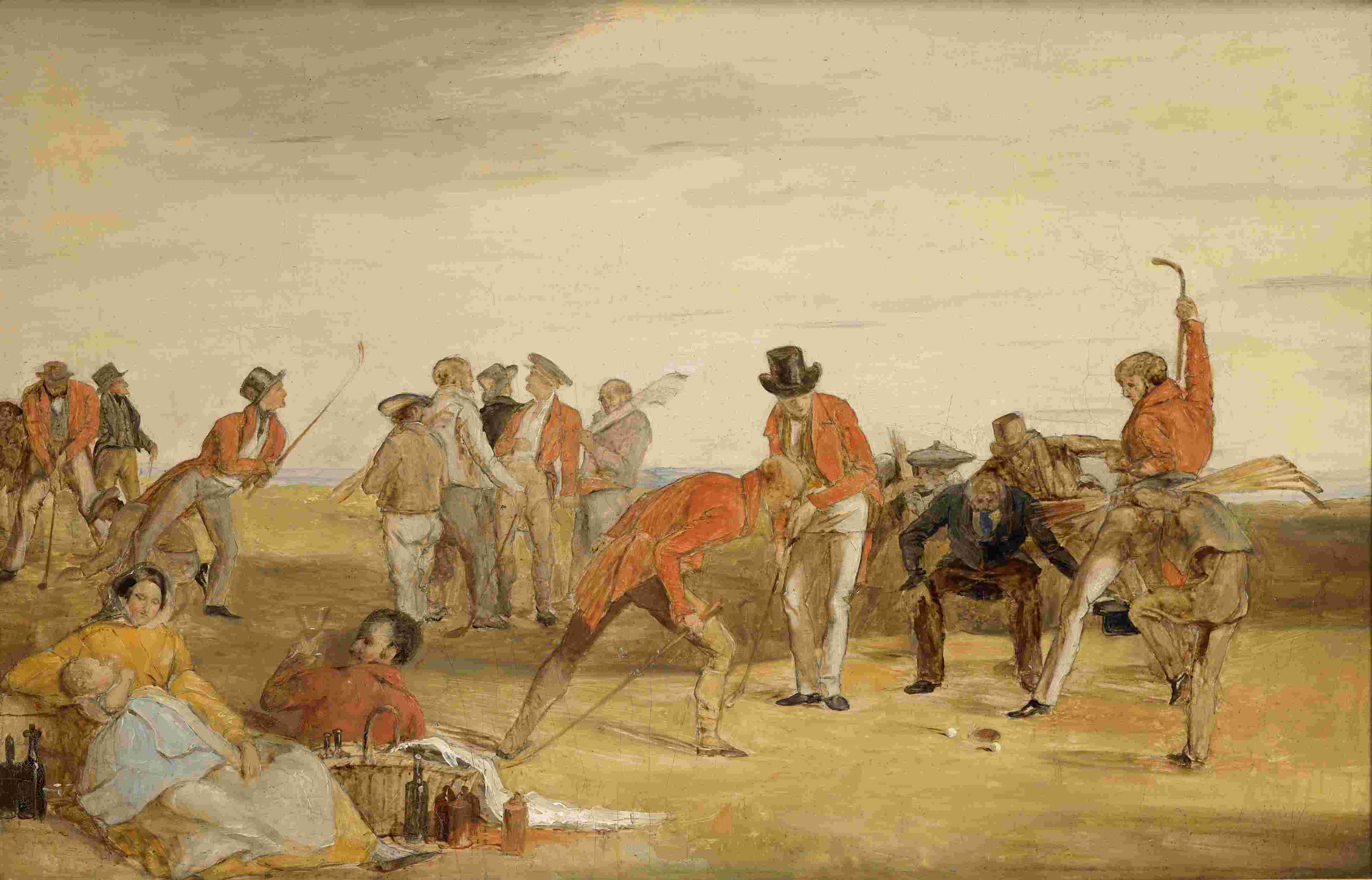 Colourful sketch showing a group of 19th century men playing golf. Golfers wearing red jackets and caddies wearing brown jackets and carrying clubs. Four men gather around a golf hole at the forefront of the picture looking to see whether the ball will roll into the hole. In the left corner a well dressed women holds a baby as she sits on a blanket next to a man holding a glass of wine. They look like they are having a picnic.