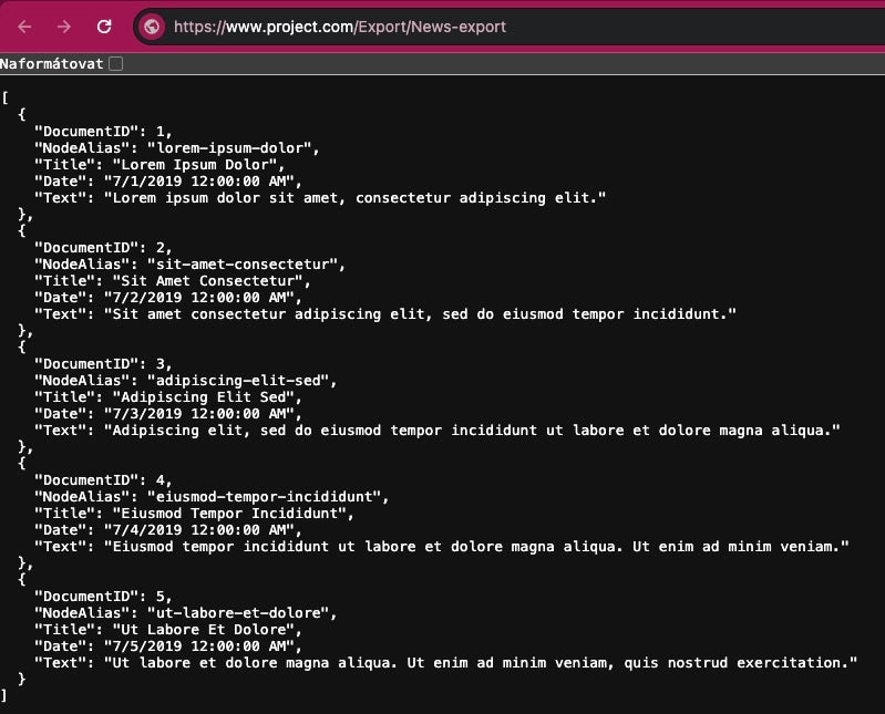 News pages JSON output example