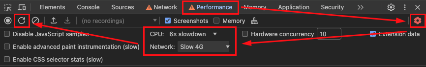 Measuring setup for Performance tab in DevTools