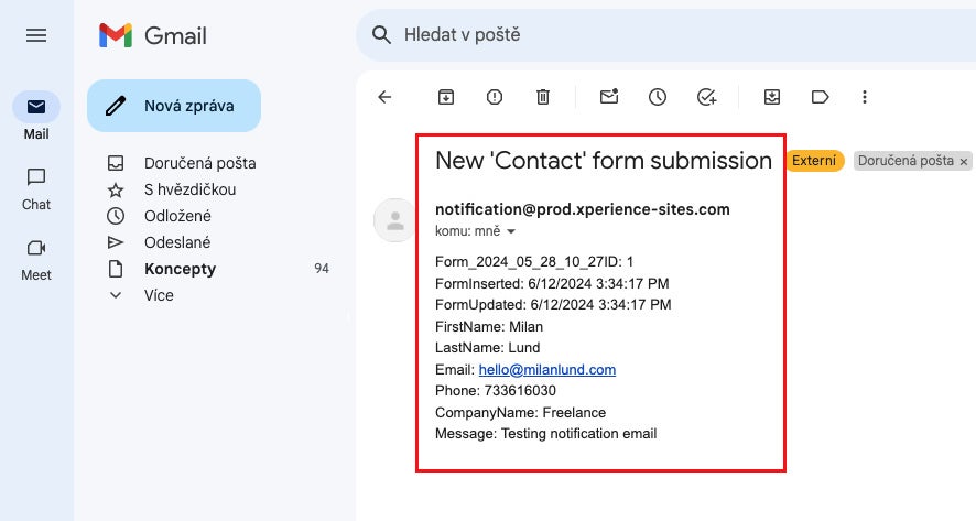 Obtained notification email