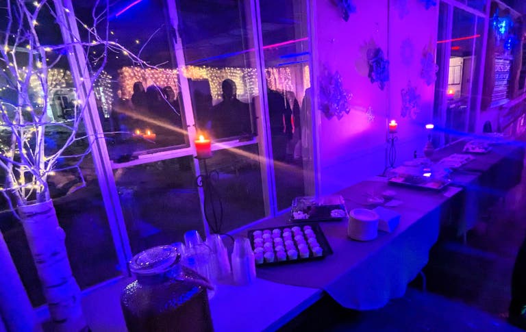 The refreshments table with trays of treats and drinks beside windows wrapped in fairy lights and birch branches.