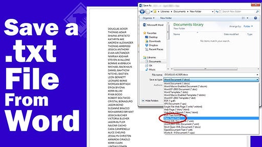 save a txt file from Word