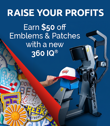 360 IQ Hat Press promo with emblems and patches
