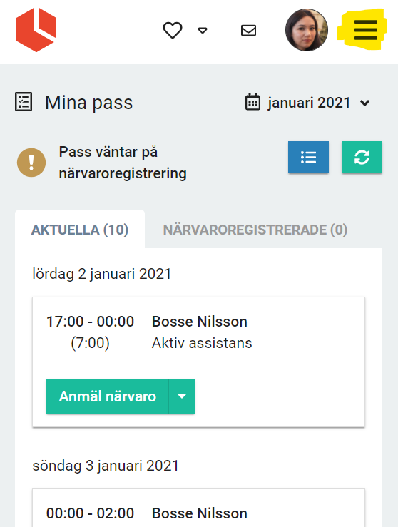 Passlista och menyknapp