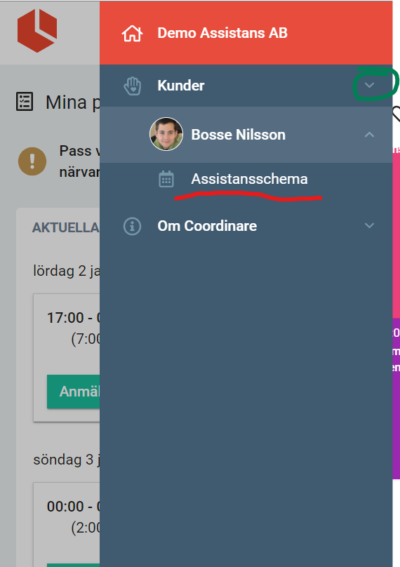 Välj kund och assistansschema