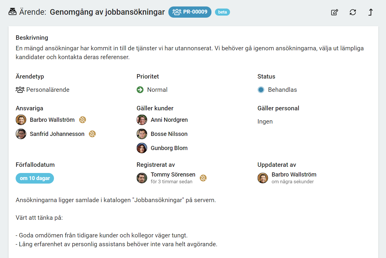 Exempel på hur ett ärende kan se ut i Coordinare.