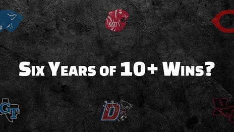 Which Texas high school football teams have 10-plus wins in the last six seasons?