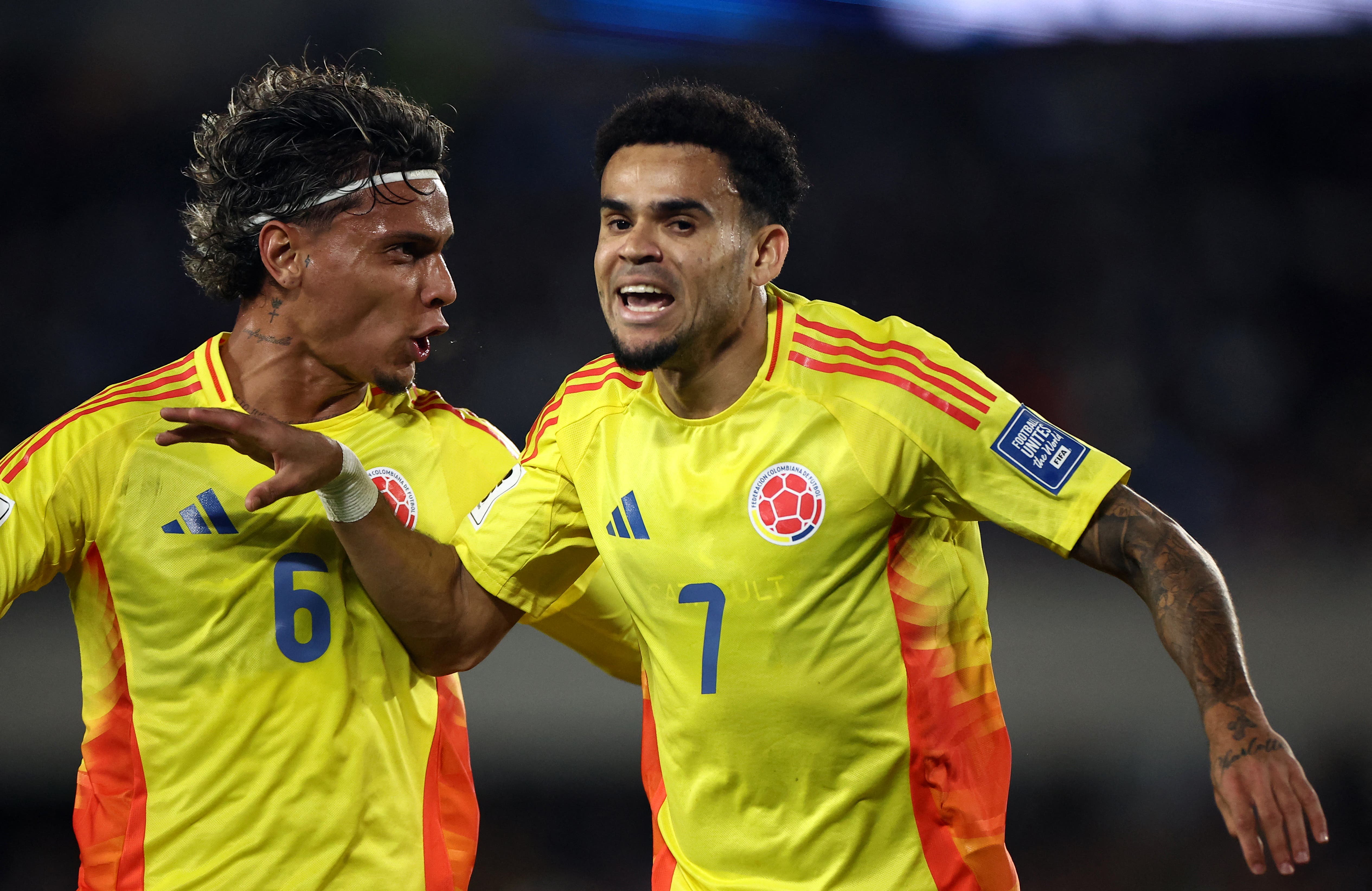Soccer Football - World Cup - South American Qualifiers - Argentina v Colombia - Estadio Monumental, Buenos Aires, Argentina - June 10, 2025 Colombia's Luis Diaz celebrates scoring their first goal with Richard Rios REUTERS/Agustin Marcarian