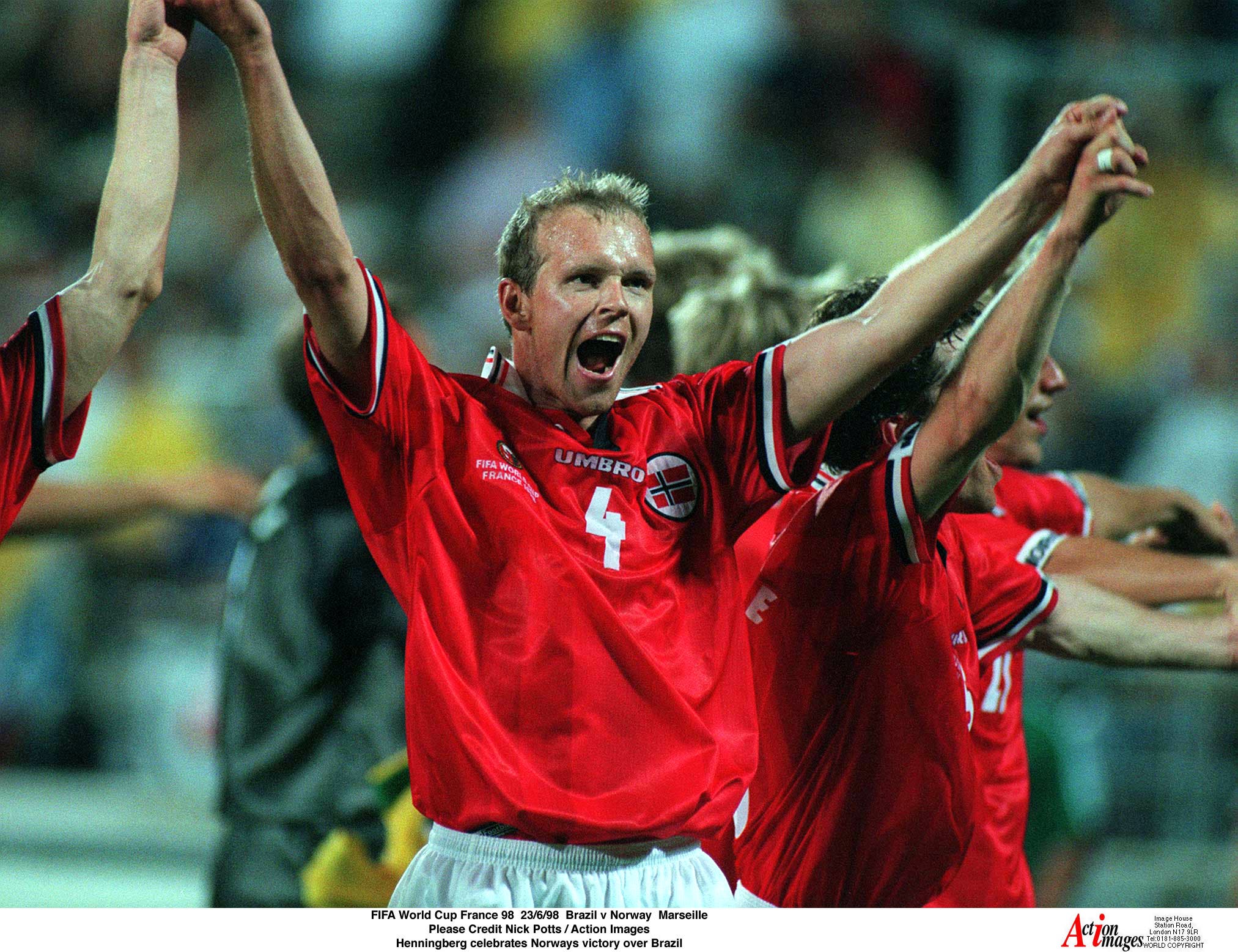 Football - 1998 FIFA World Cup - Group A - Brazil v Norway - Stade Velodrome, Marseille - 23/6/98 Please Credit Nick Potts / Action Images Henningberg celebrates Norways victory over Brazil