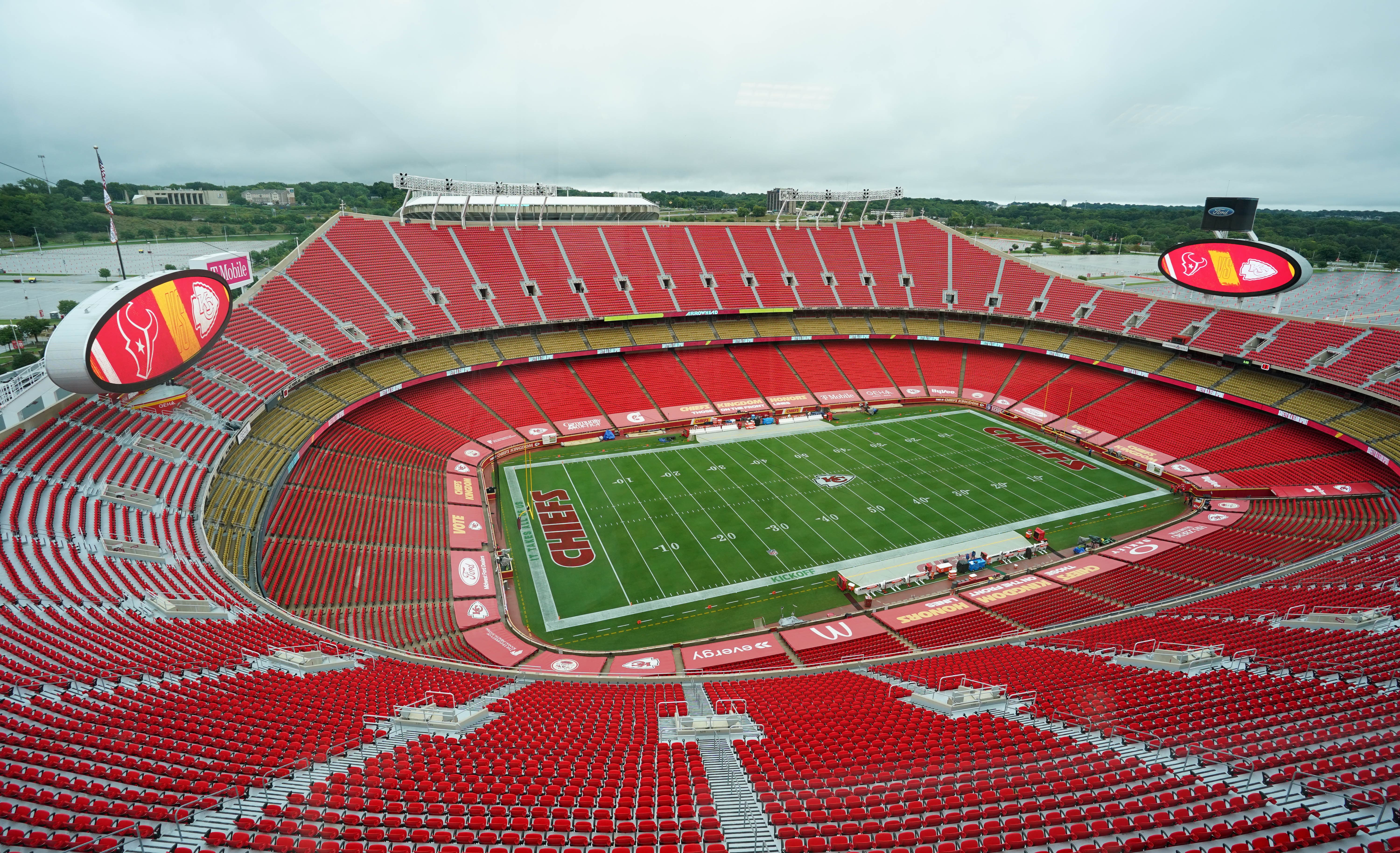 Sep 28, 2025; Kansas City, Missouri, USA; A general view of GEHA Field before the game between the Kansas City Chiefs and Baltimore Ravens at GEHA Field at Arrowhead Stadium. Mandatory Credit: Denny Medley-Imagn Images