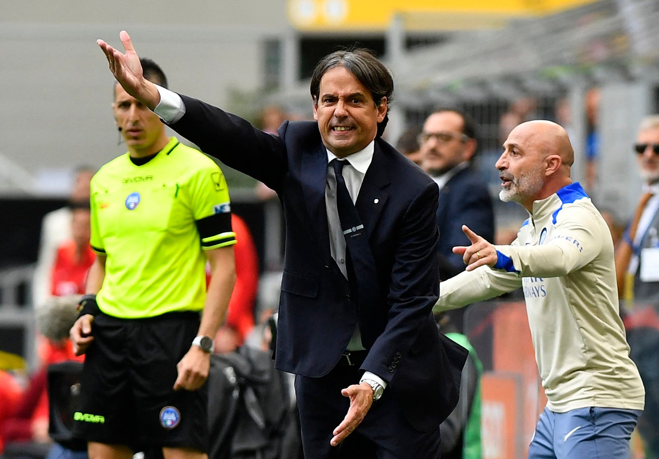 Soccer Football - Serie A - Inter Milan v AS Roma - San Siro, Milan, Italy - April 27, 2025 Inter Milan coach Simone Inzaghi reacts REUTERS/Massimo Pinca
