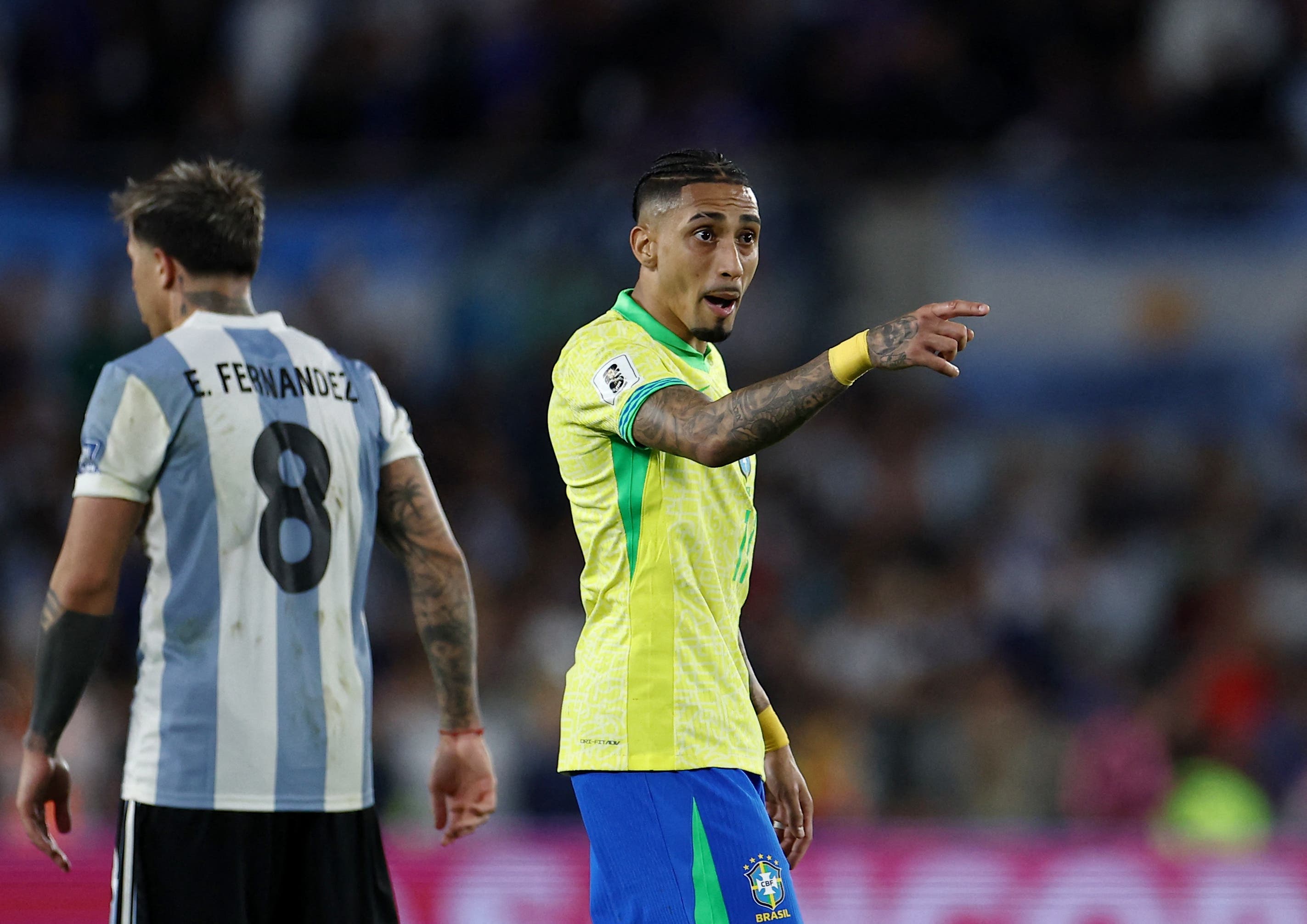 Soccer Football - World Cup - South American Qualifiers - Argentina v Brazil - Estadio Mas Monumental, Buenos Aires, Argentina - March 25, 2025 Brazil's Raphinha reacts during the match REUTERS/Agustin Marcarian